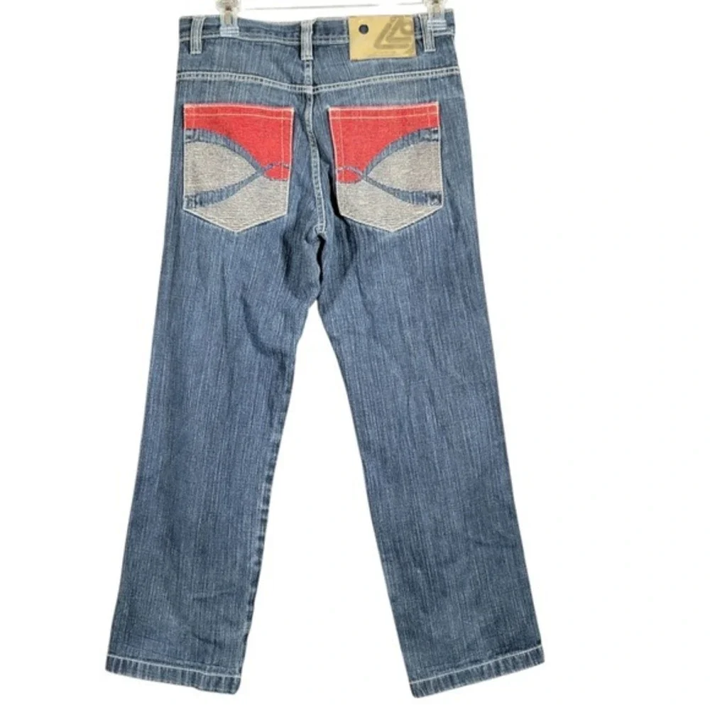 Lot 29 World Class Denim Vtg Embroidered Pocket Distressed  Red Graphic Jeans 32